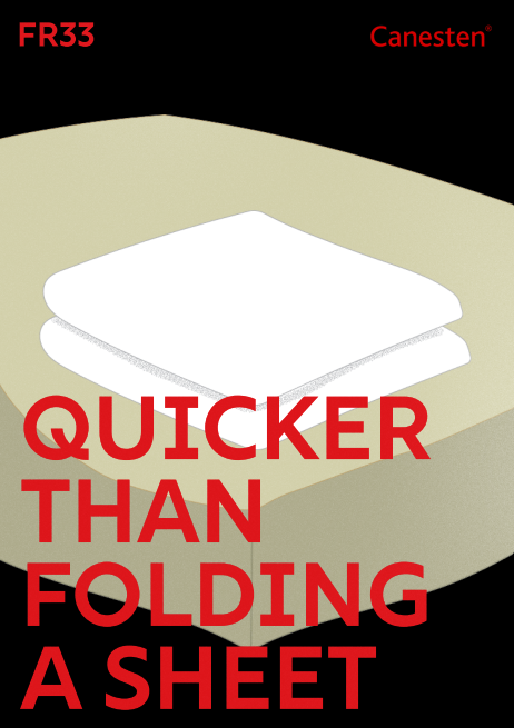 Packaging design for Canesten FR33, featuring a black background with red and white text, and an illustration of folded white sheets or pads.