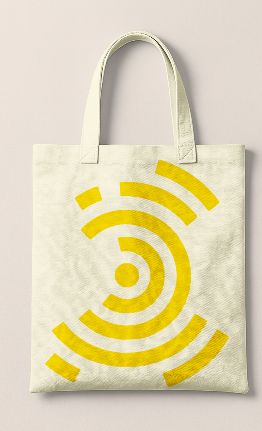 A white tote bag with a yellow Wi-Fi symbol printed on it.