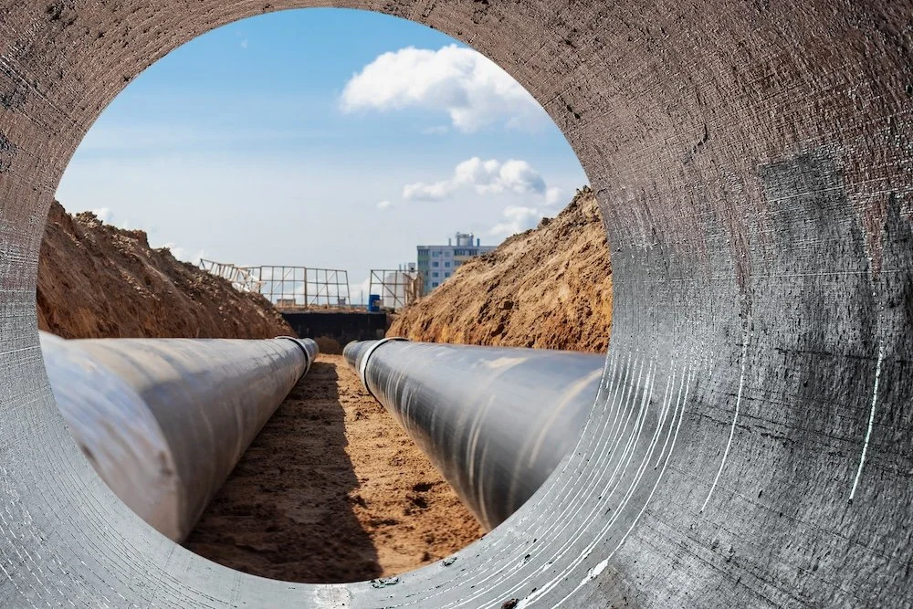 Looking through a large construction pipe at two parallel pipelines on a dirt path, with excavated earth on either side and a building in the distance under a partly cloudy sky.