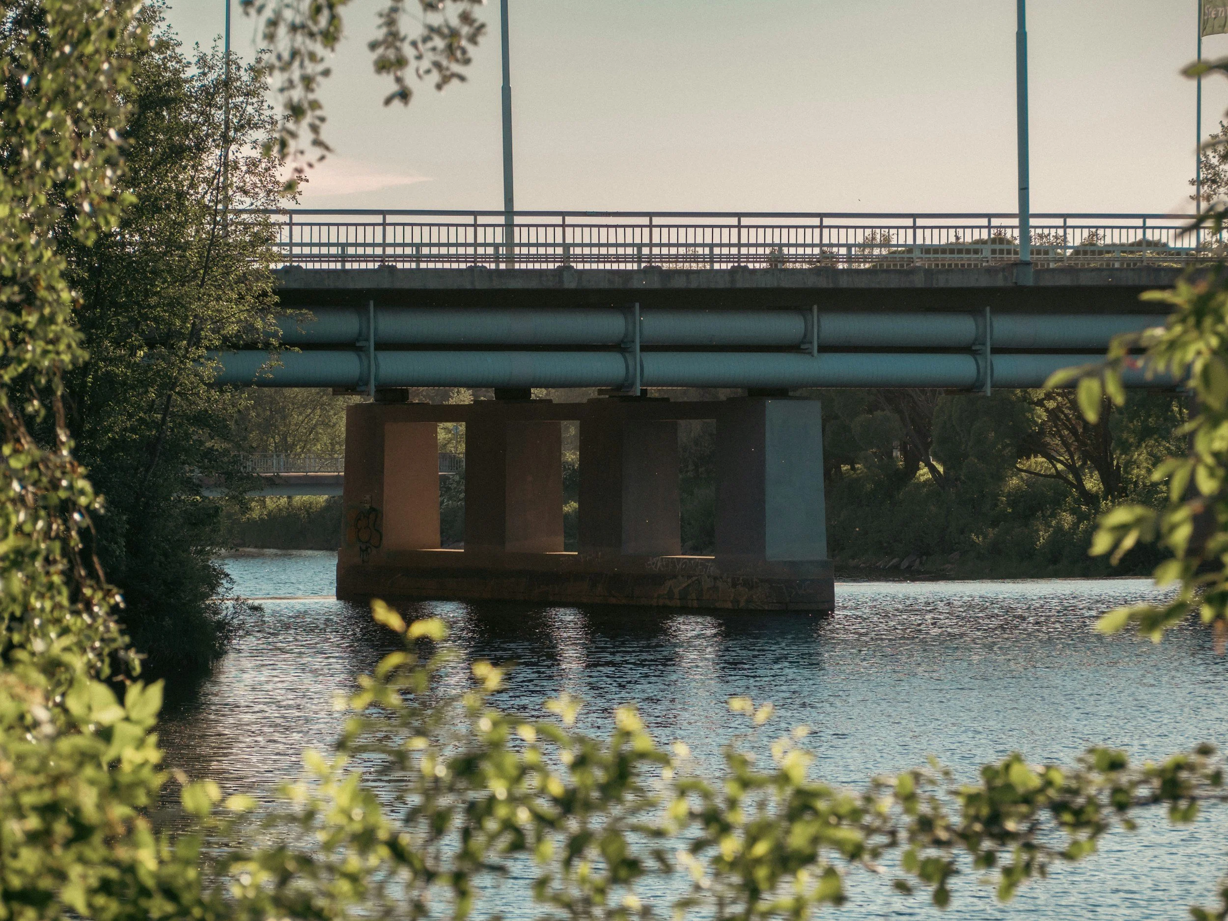 A view of a bridge over a river, with trees on either side and a clear sky in the background.
