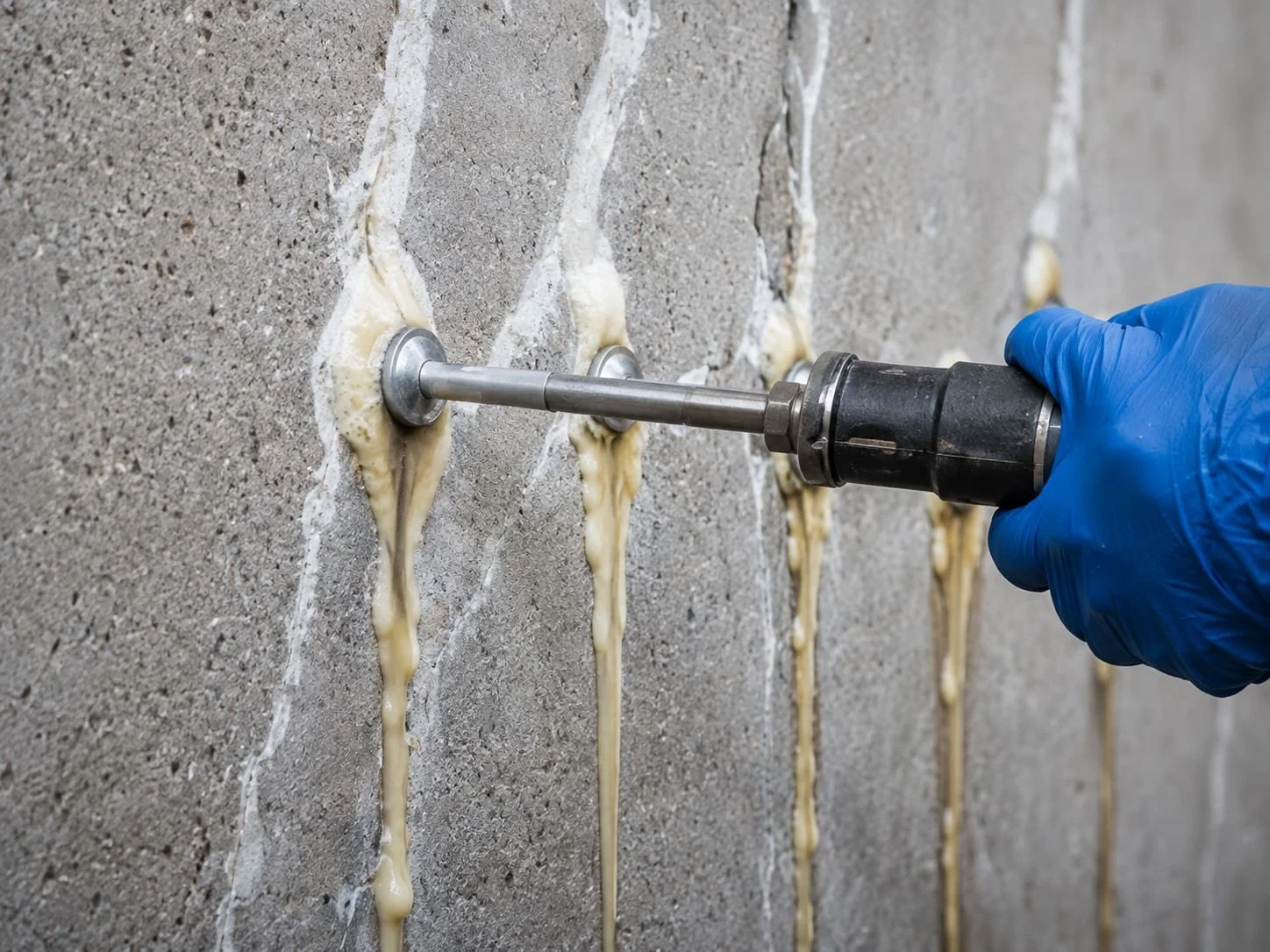 Person in a blue glove using a power drill to inject spray foam into holes on a concrete wall.