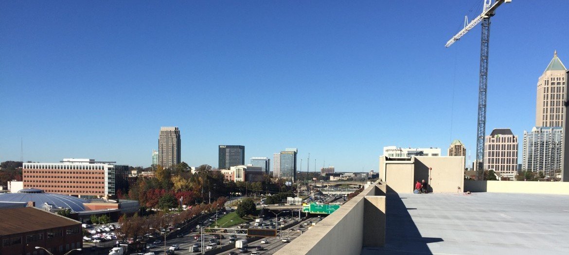 cityscape view of downtown greenville, sc from parking deck