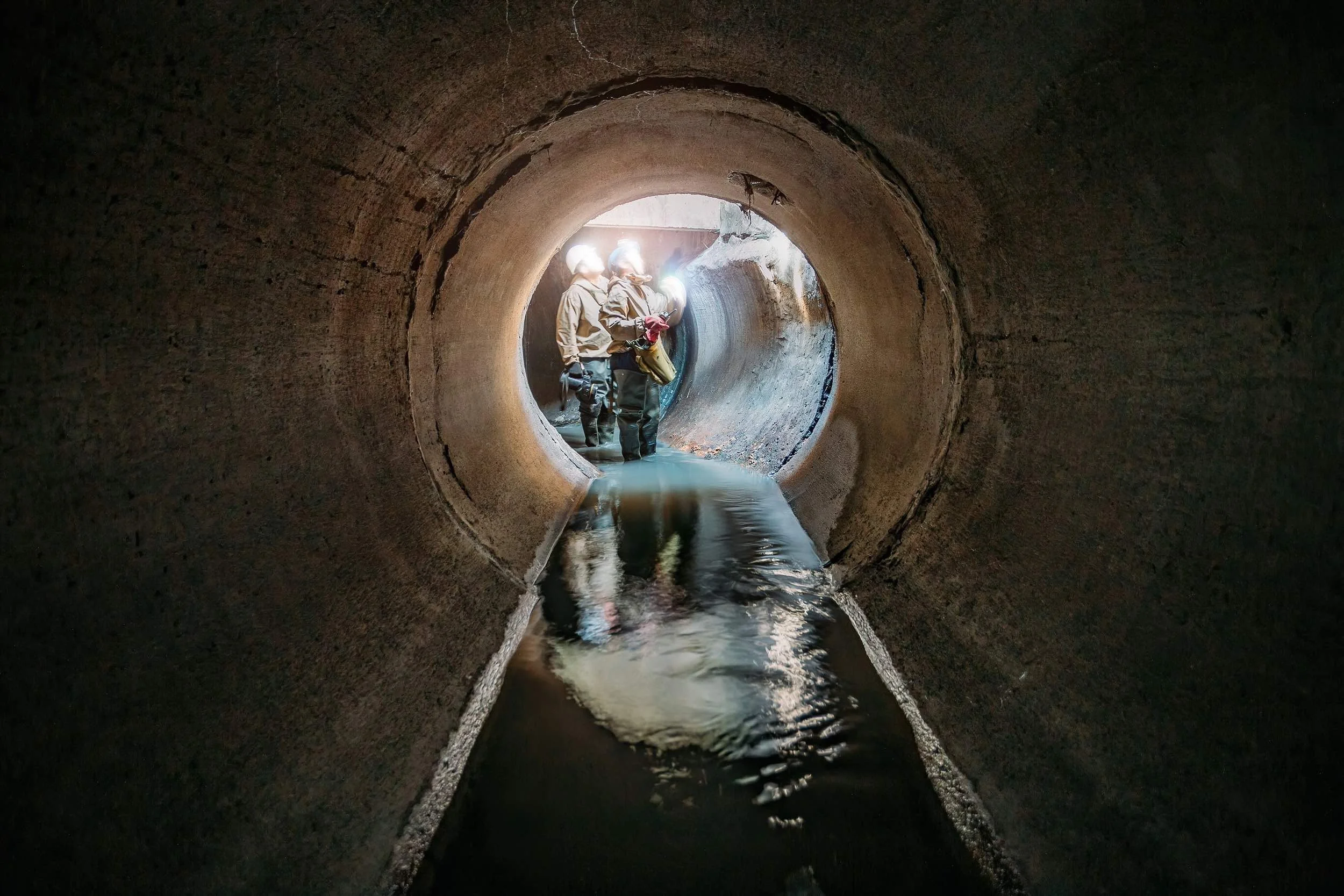 Two people wearing helmets and work clothes inside a large concrete tunnel, with water on the floor and a bright opening at the end.