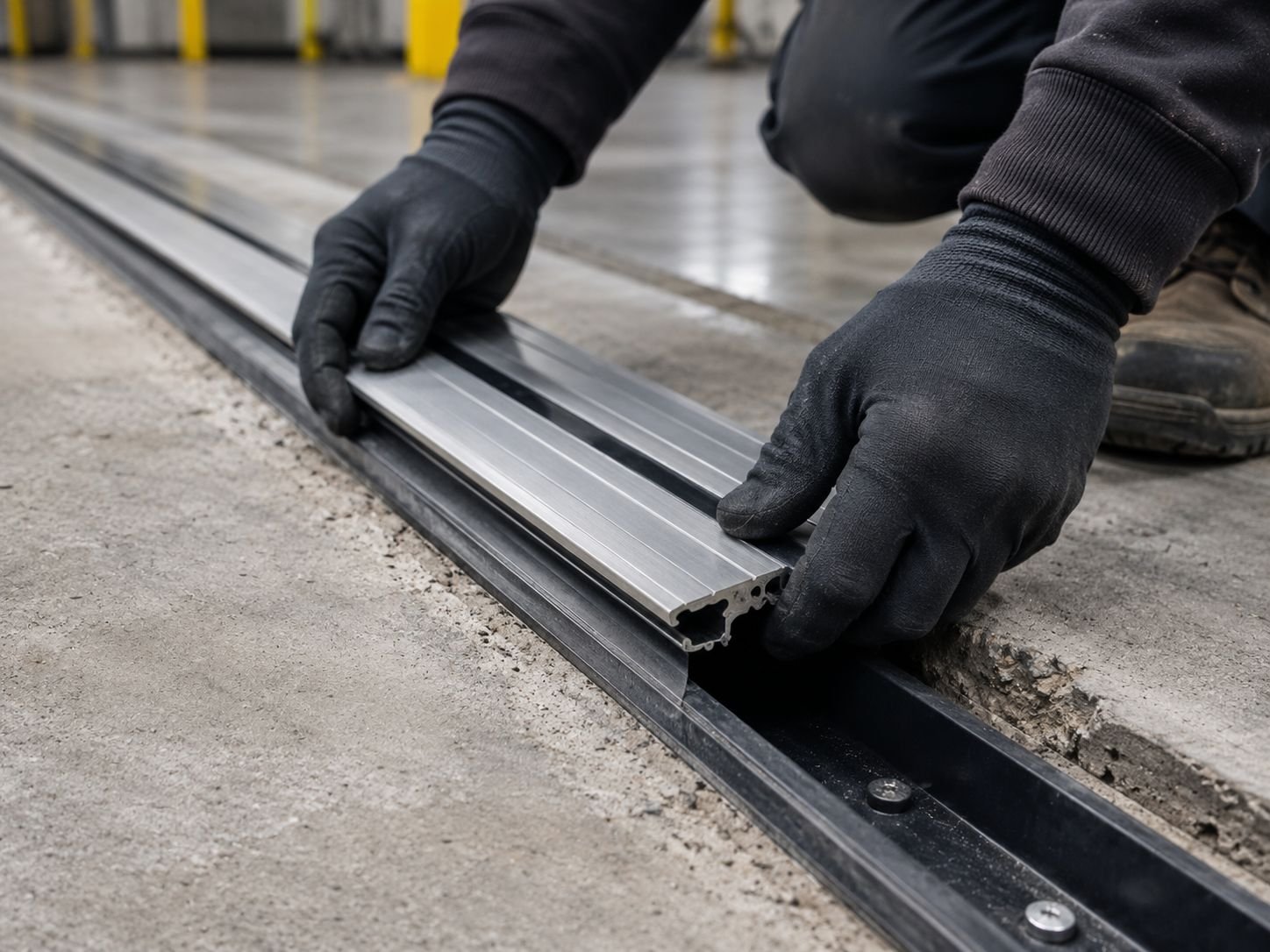 A construction worker wearing black gloves and black long-sleeve shirt installs a metal track into a concrete floor for flooring or track system.