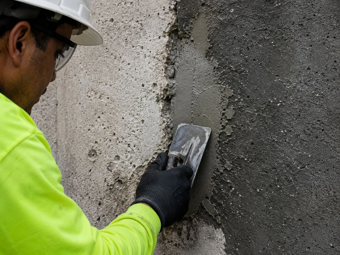 A construction worker in a yellow safety jacket, white hard hat, and black gloves applies gray cement to a wall with a trowel.