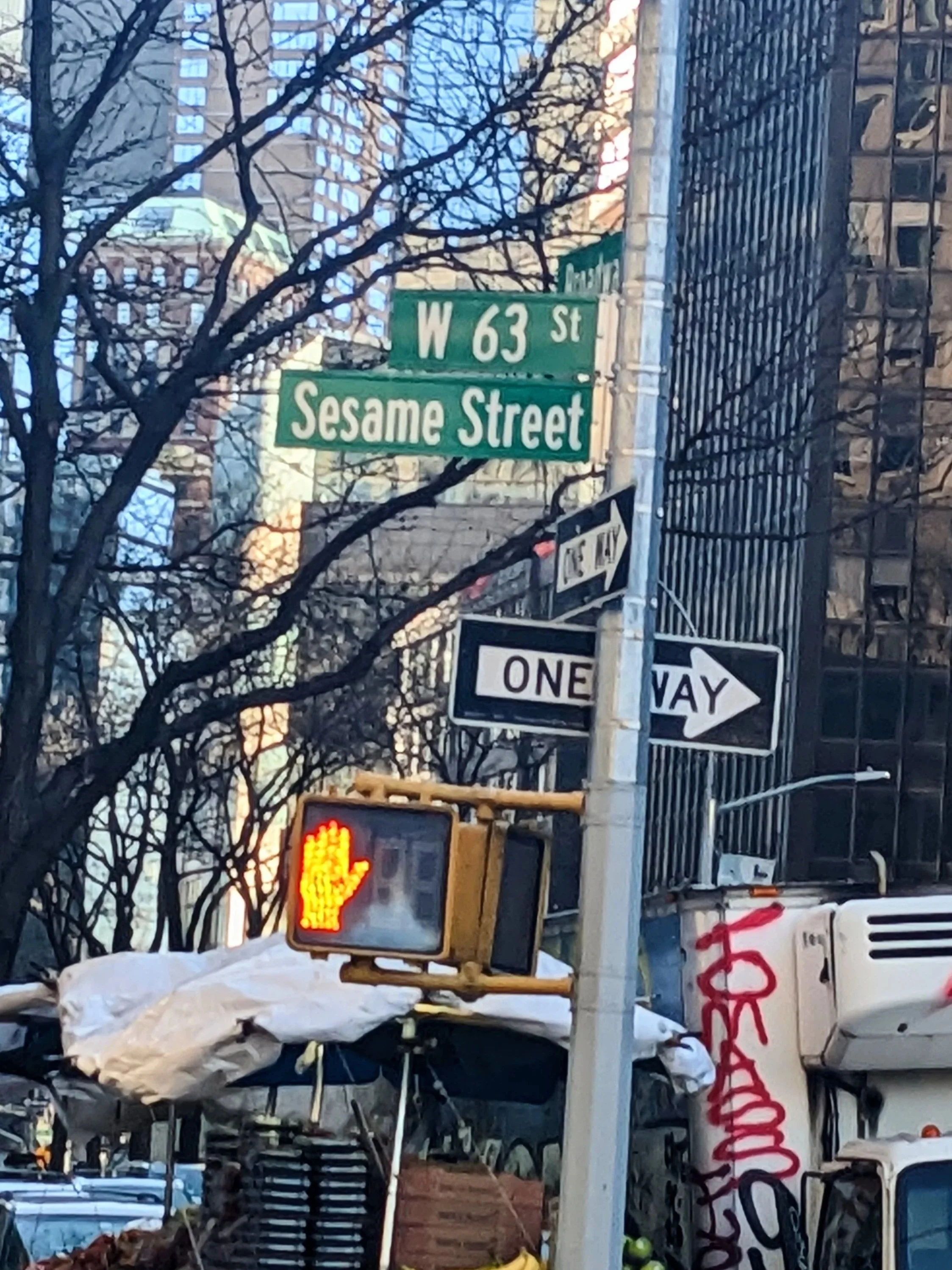 Street photo of a street sign saying Sesame Street with a sign above saying West 63rd Street