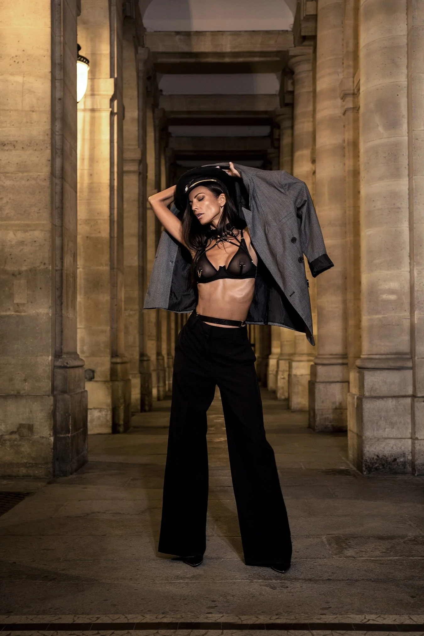 Vanessa (@ness.dlv) wearing Mari Moth lingerie in a nighttime fashion editorial photographed by Henri Da Cruz in Paris.