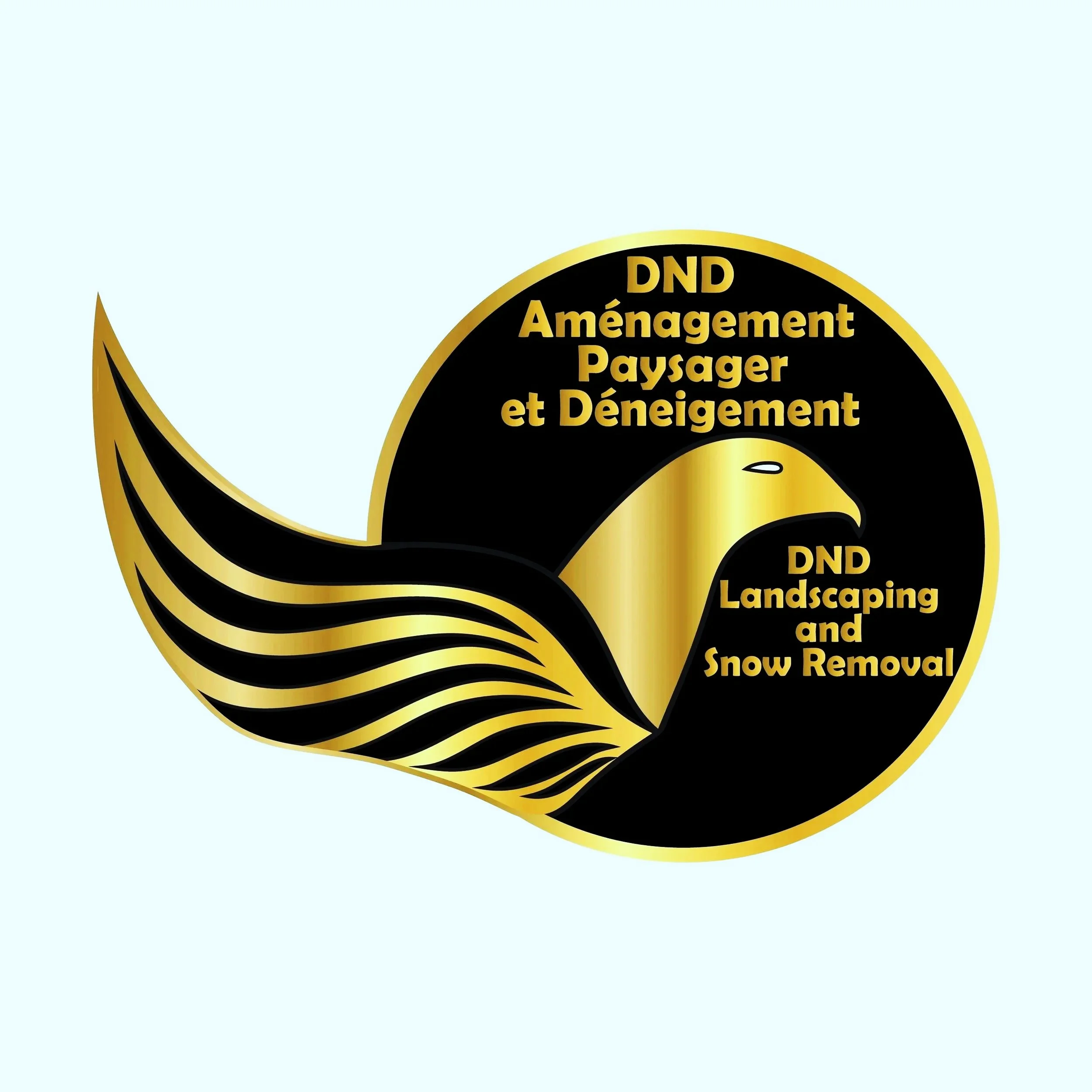 Close-up of a circular logo with the text 'DND Aménagement Paysager et Dégagement' and decorative black and yellow design elements on a light background.