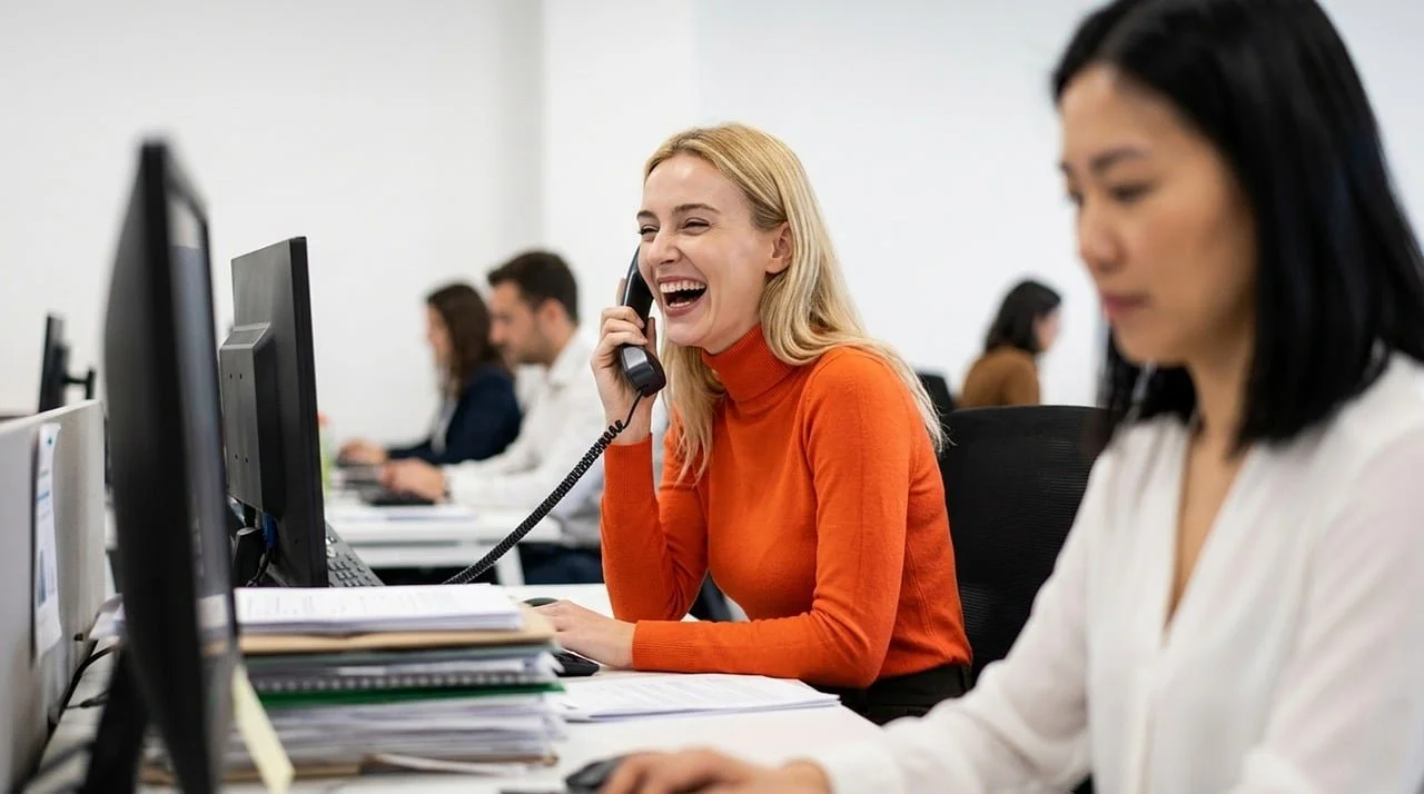 A woman in an orange sweater talking on the phone and smiling in an office with several coworkers working at desks.