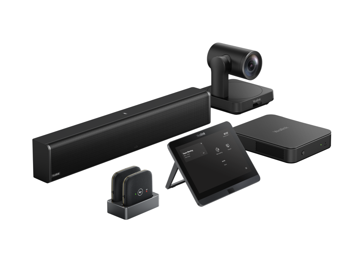 Group of video conferencing equipment including a camera, speaker, touchscreen monitor, and wireless microphones.