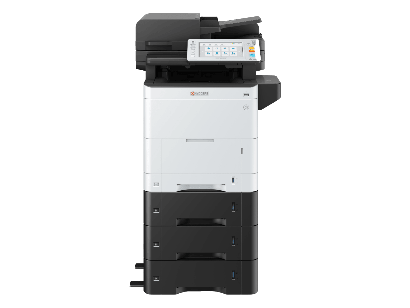 A multi-function copier and scanner machine with a display screen, multiple paper trays, and control buttons.
