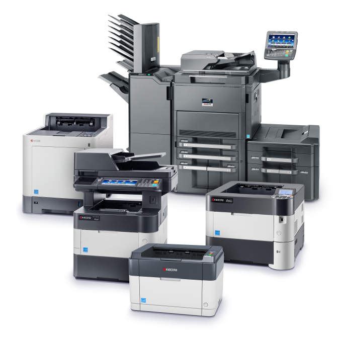 Multiple office printers, copiers, and scanning machines arranged together.