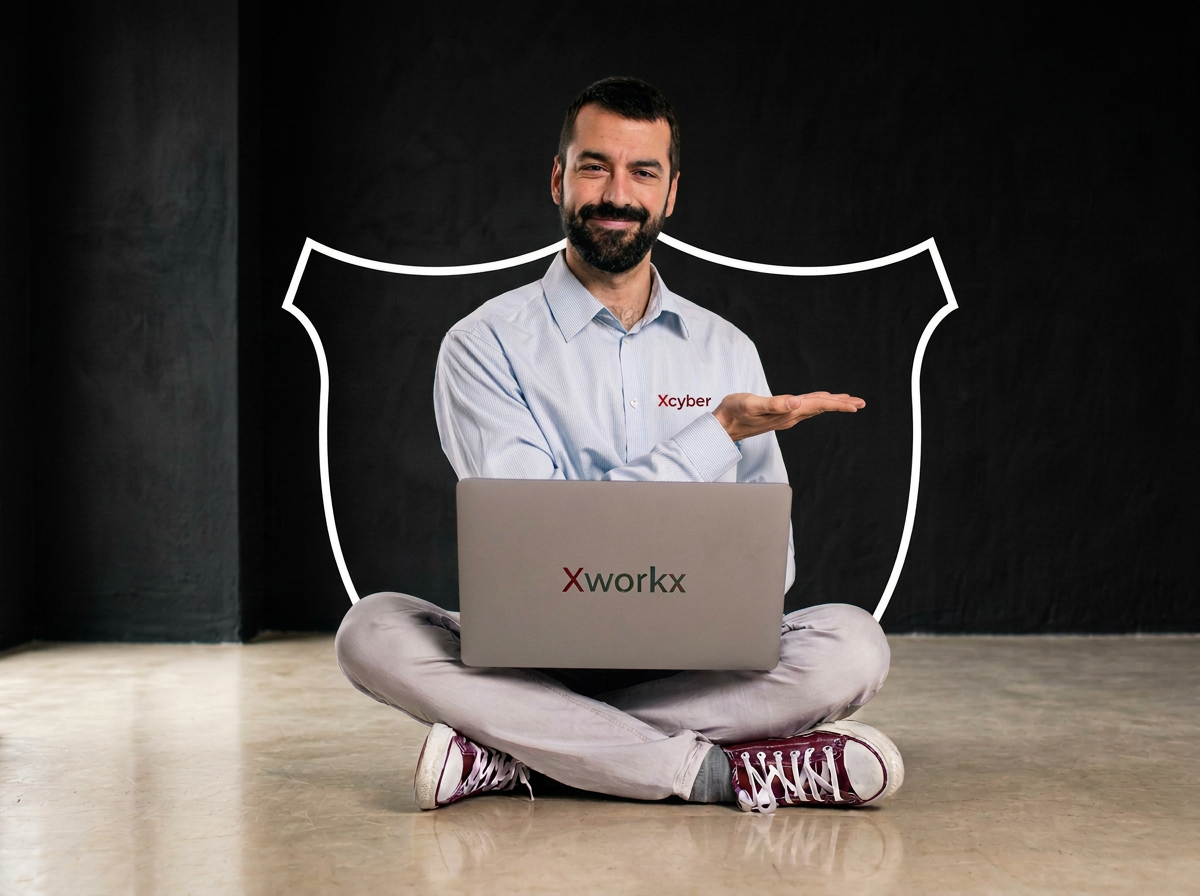 Man sitting cross-legged on floor with laptop, smiling, in front of black background with white outline of a shield or badge, wearing a light blue shirt, and sneakers.