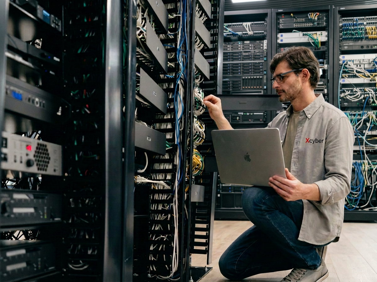 A technician working on a server rack, holding a laptop and adjusting network cables in a data center.
