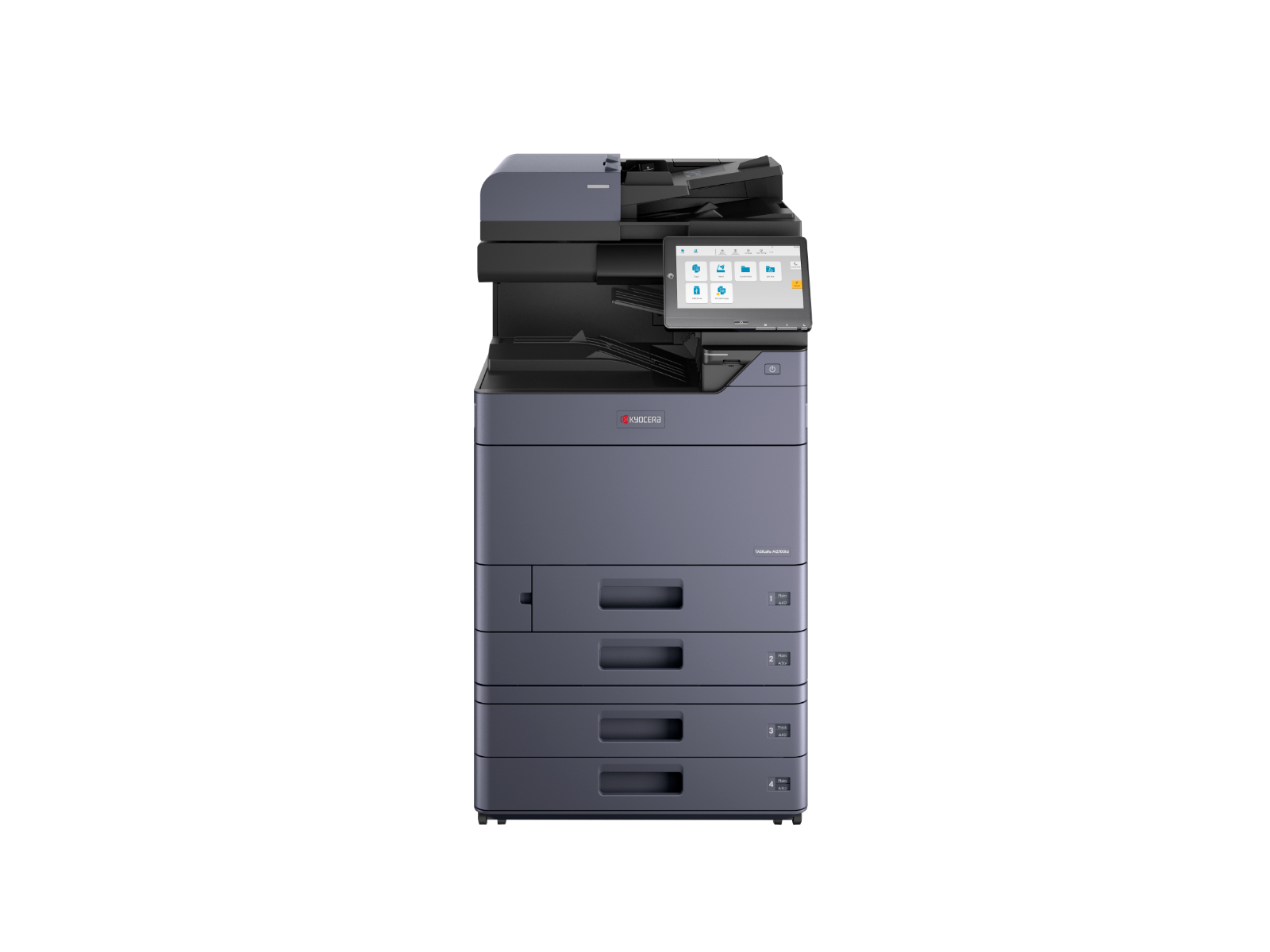 A modern Kyocera multi-function printer with a touchscreen display and multiple paper drawers.