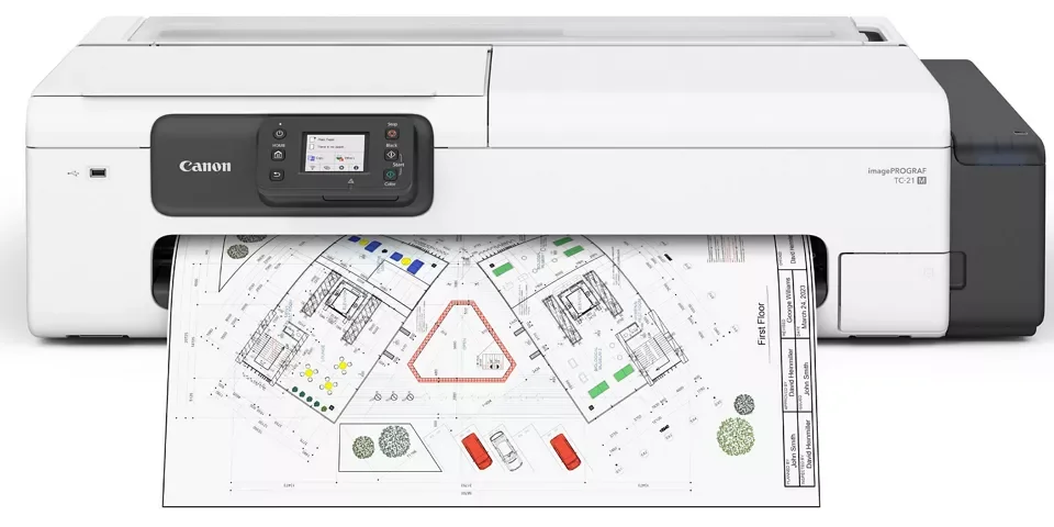 A Canon all-in-one color printer printing a building architectural blueprint on white paper with color markings.