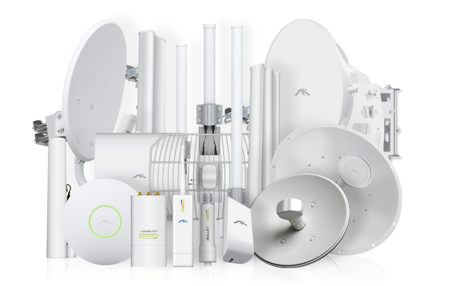 Collection of various white communication antennas and satellite dishes.