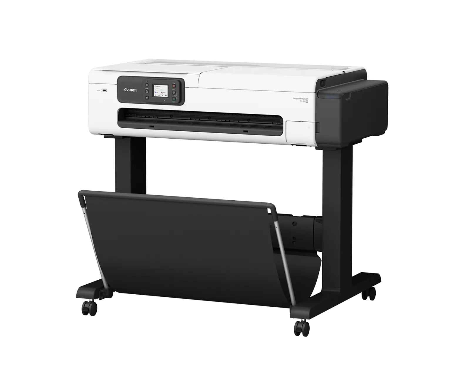 A large, white Canon printer or plotter with a touchscreen control panel and paper output tray, mounted on a black stand with wheels.