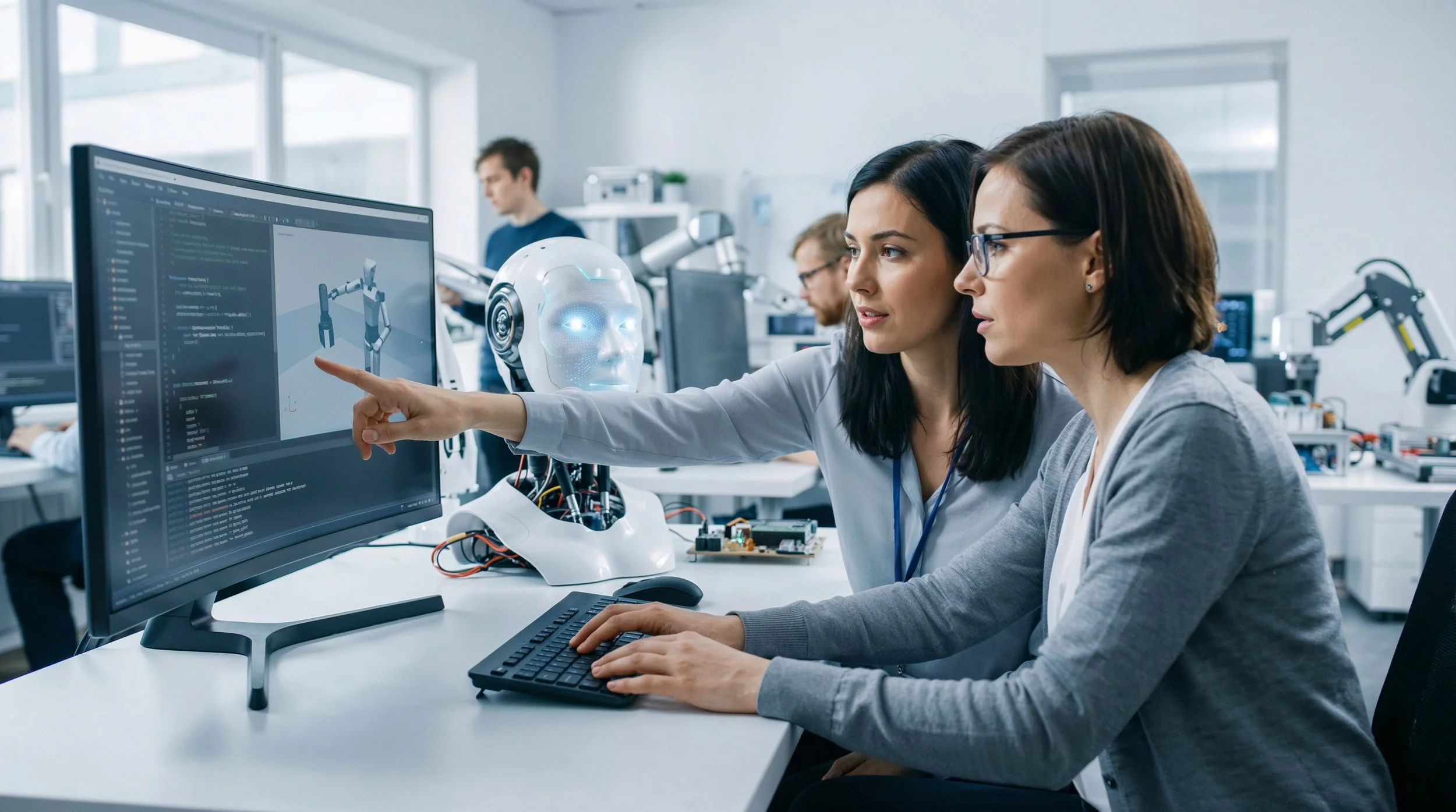Two women working in a robotics laboratory, with one pointing at a computer screen displaying robotic arm programming, and a humanoid robot head on the desk.