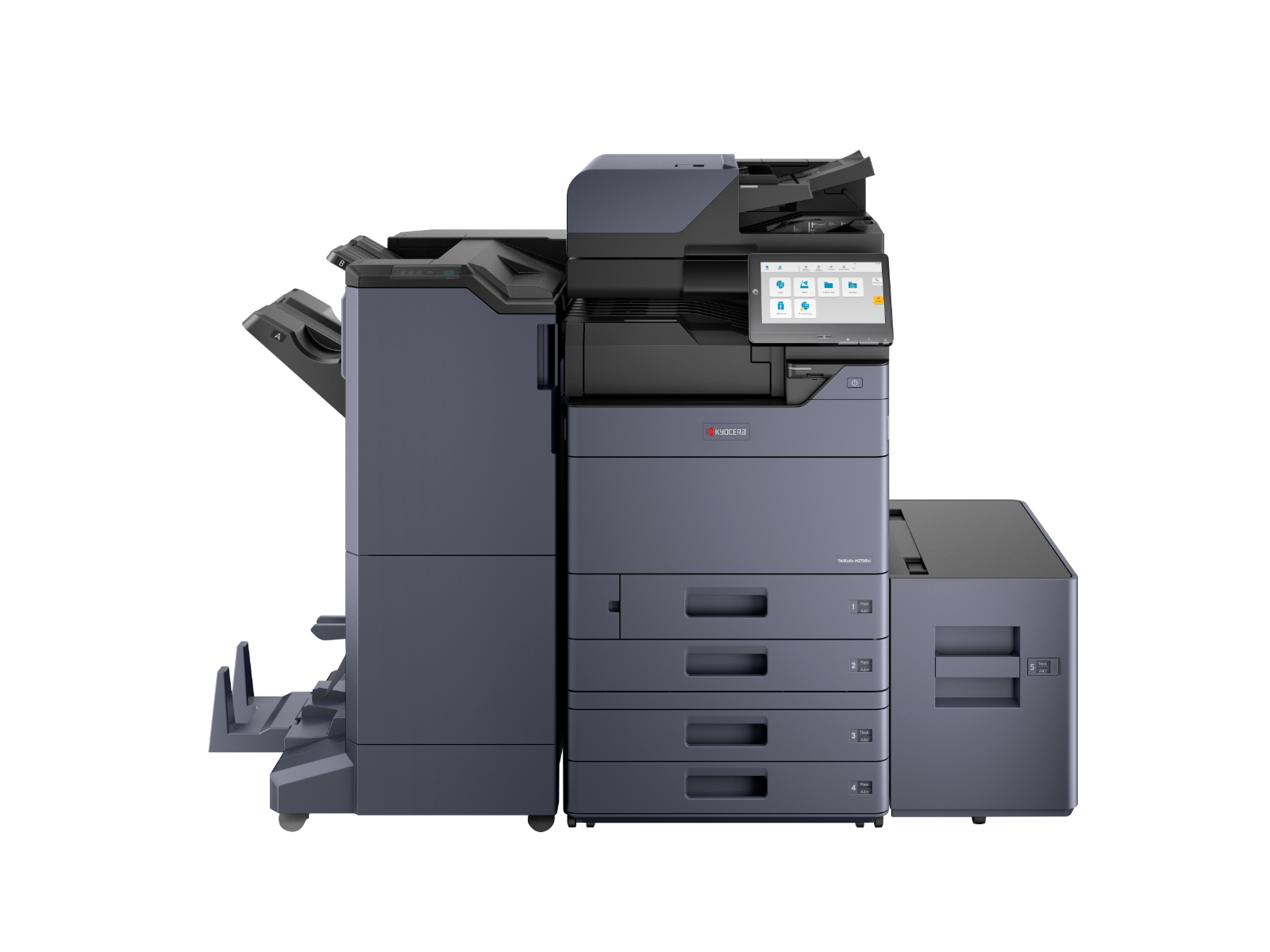 A large, black and gray multifunction office copier and printer with a touchscreen display on the right side, multiple paper trays, and various output areas, isolated on a black background.