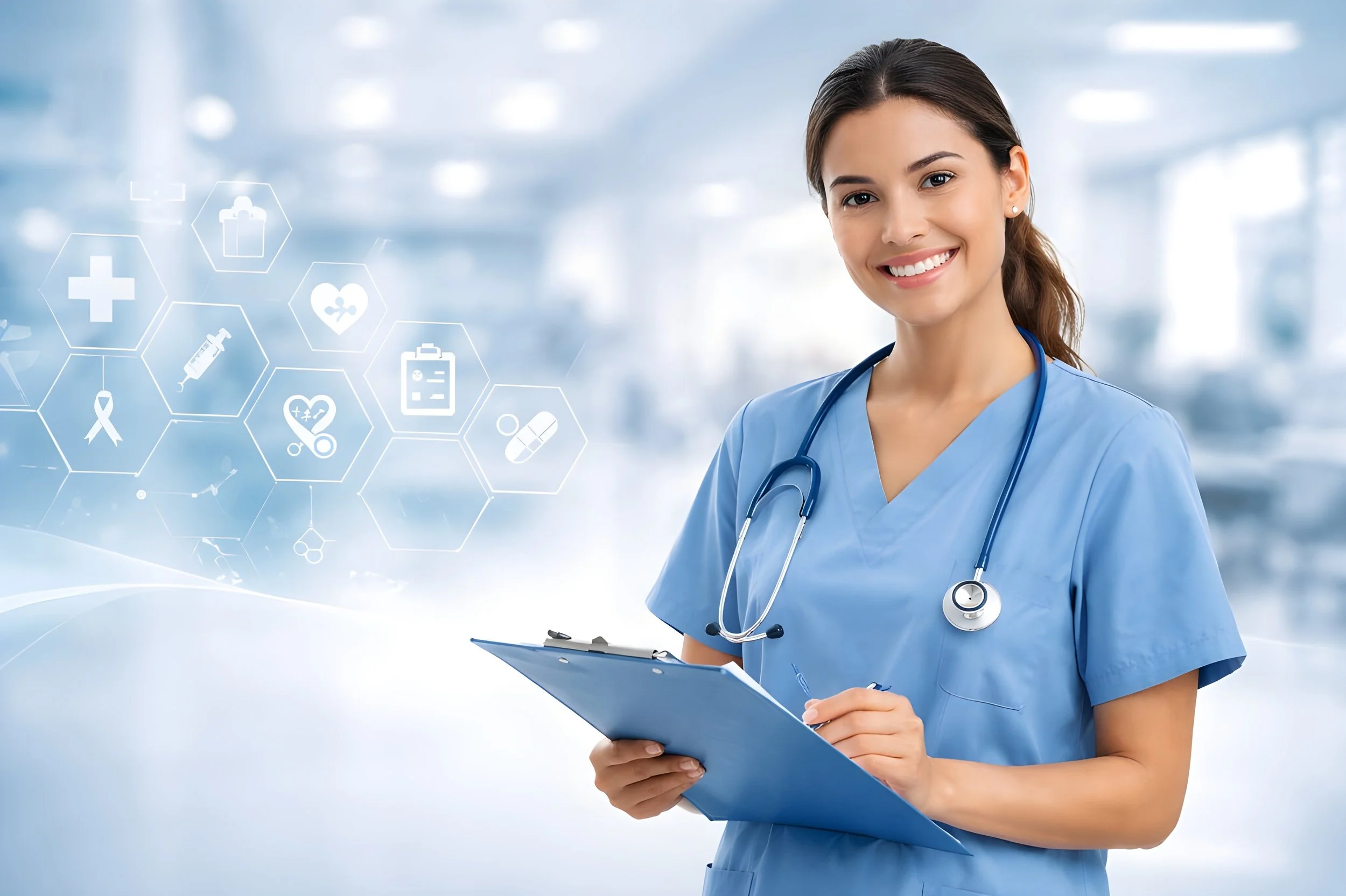A smiling female healthcare professional in blue scrubs with a stethoscope around her neck holding a clipboard, standing in a bright, modern medical facility with virtual medical icons overlayed on the left side of the image.
