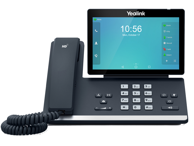 A modern office desk phone with a digital touchscreen display showing the time and contacts.