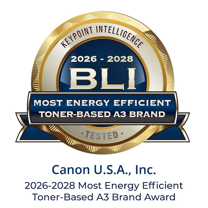 Badge indicating Canon U.S.A., Inc. received the 2026-2028 Most Energy Efficient Toner-Based A3 Brand Award by Keypoint Intelligence.