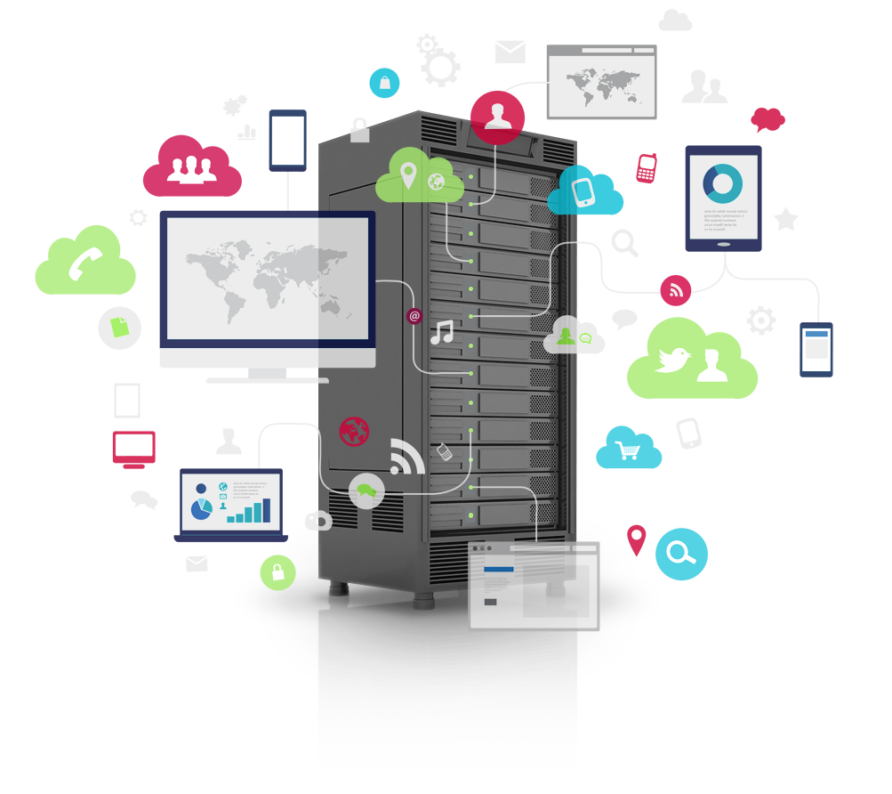 Illustration of a data server with various digital icons representing cloud computing, social media, analytics, communication, and online activities surrounding it.