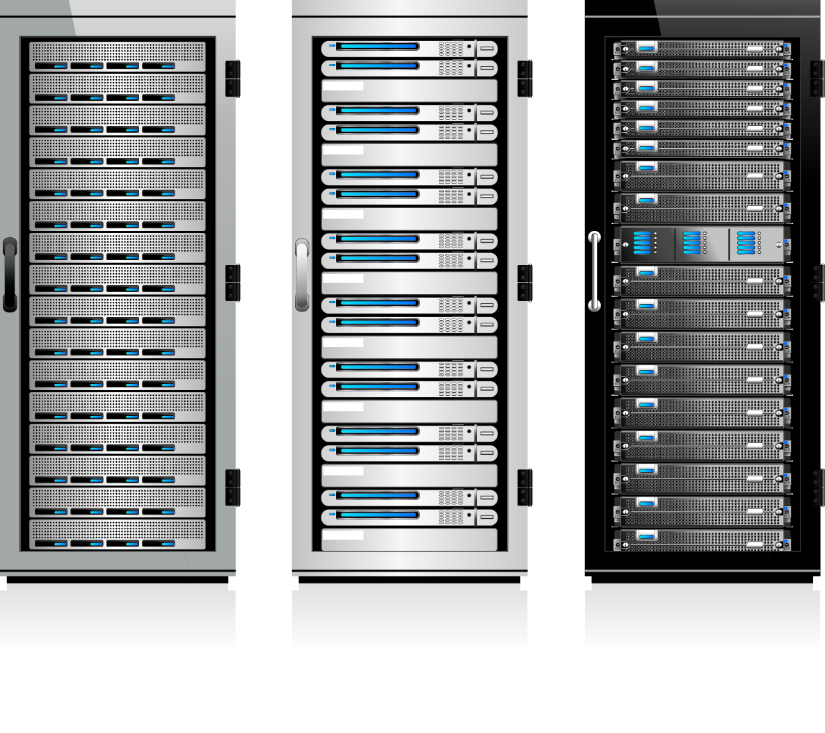 Three server racks in a data center, each with multiple black and gray servers with blue indicator lights.