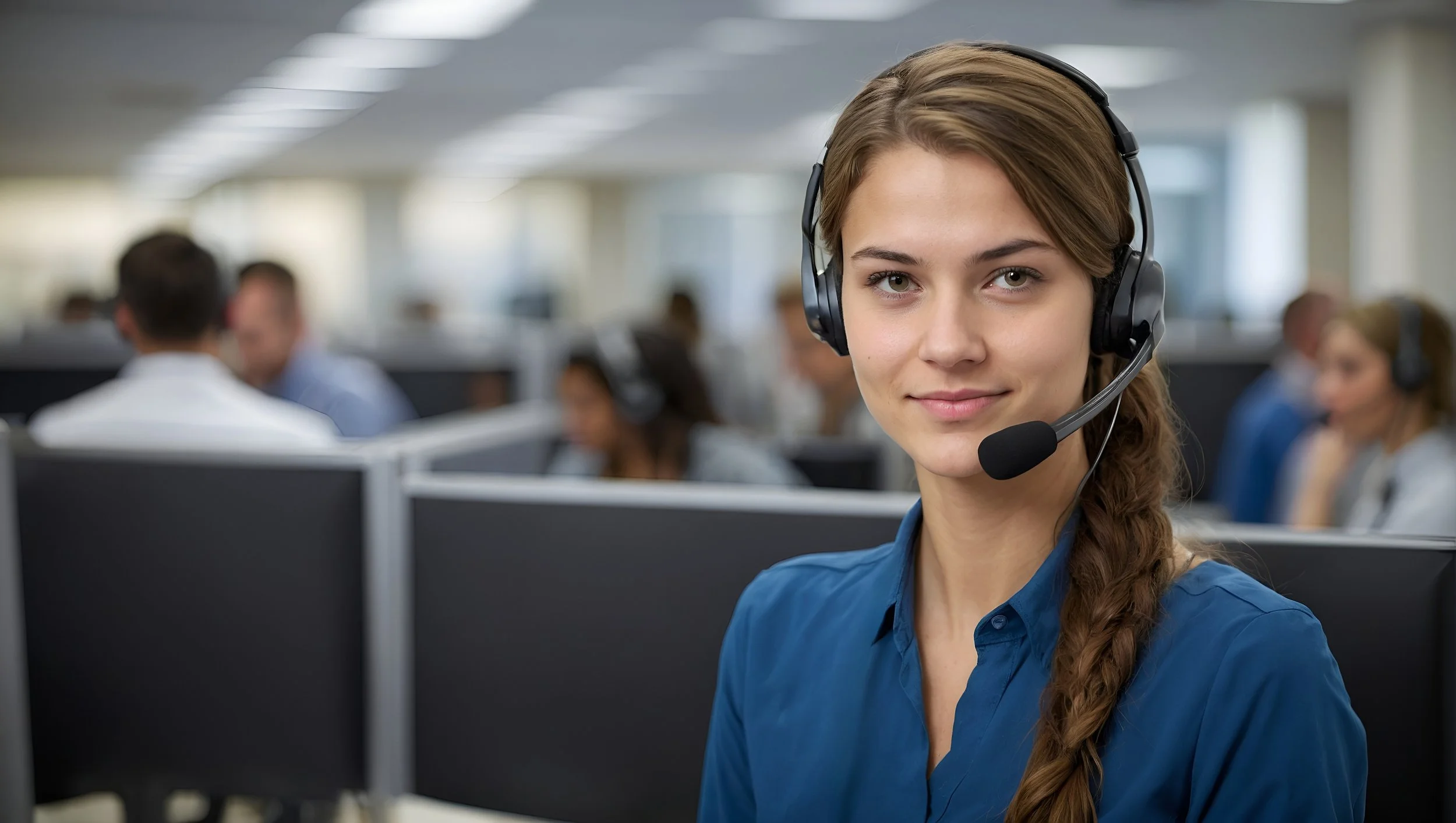 A young woman with long braided hair wearing a blue shirt and a headset with a microphone, smiling at the camera in an office environment with blurred colleagues in the background.