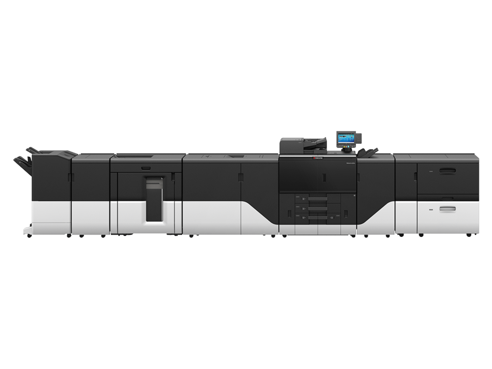 Large black and white commercial printing press machine with a digital control panel on top.