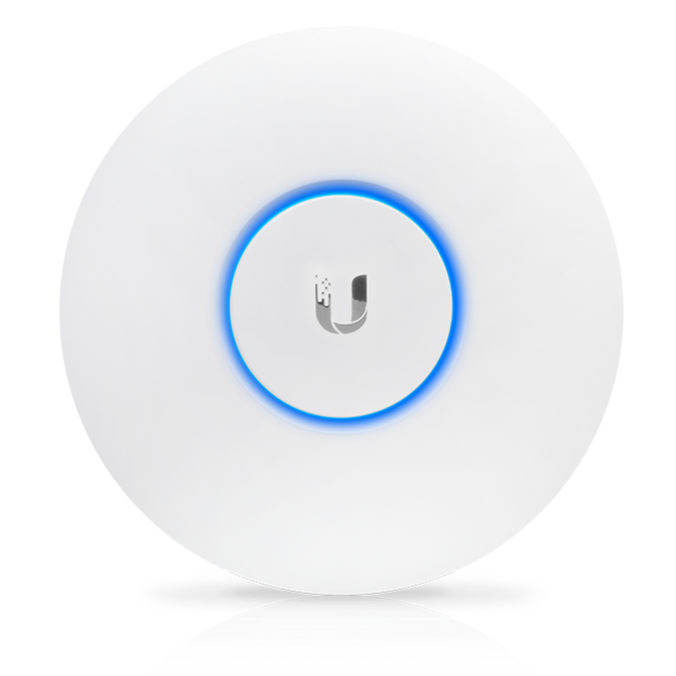 A circular device with a central button surrounded by a blue LED light, featuring the Unifi logo.