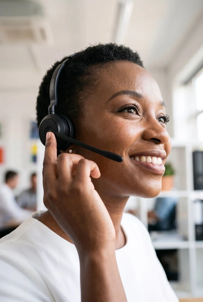 A smiling woman wearing a headset in an office setting.