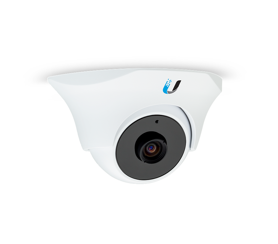 A white security camera with a black circular lens and a blue and black logo on the top right, set against a black background.