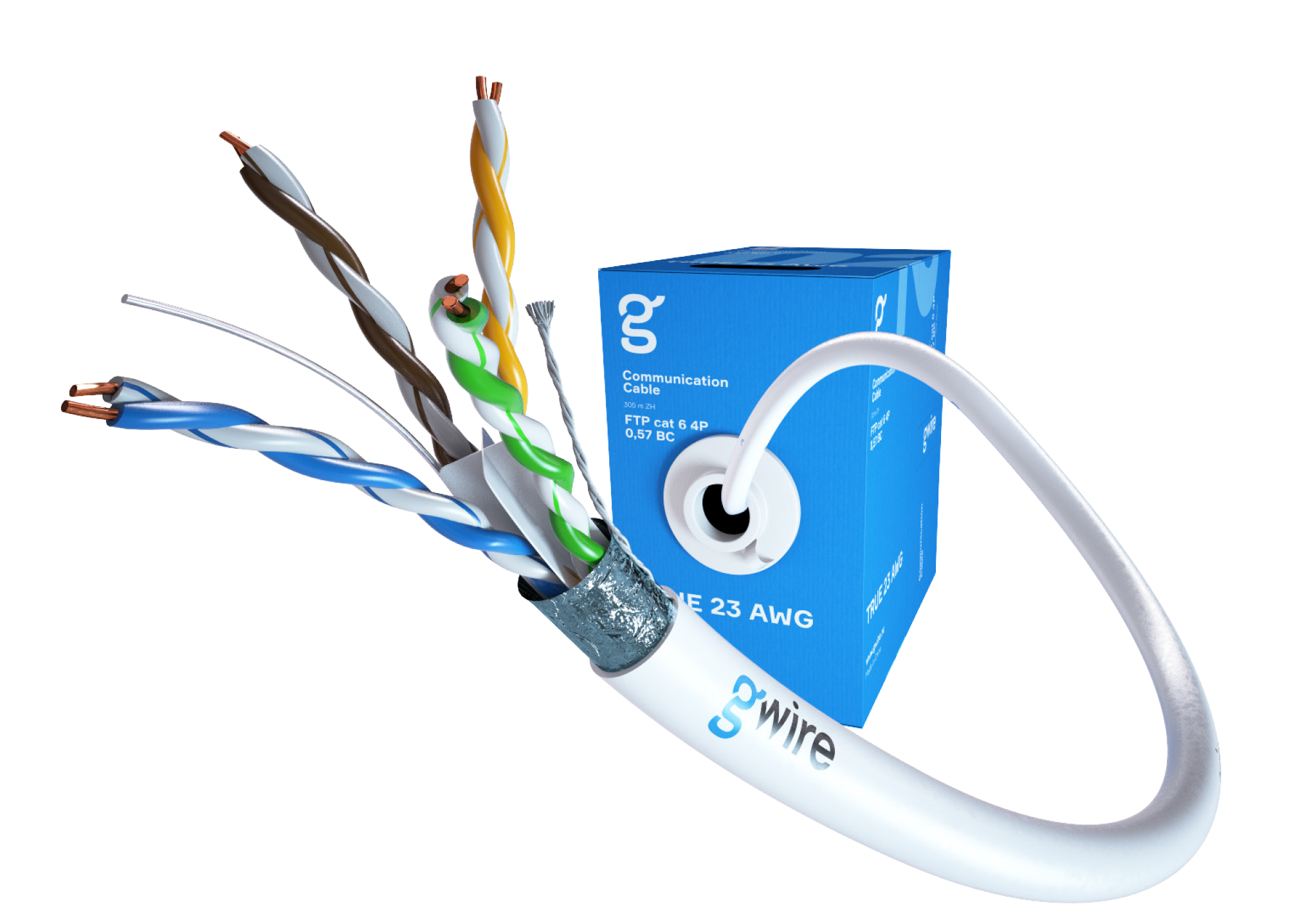 Close-up image of a bundle of electrical wires and a blue communication cable box.