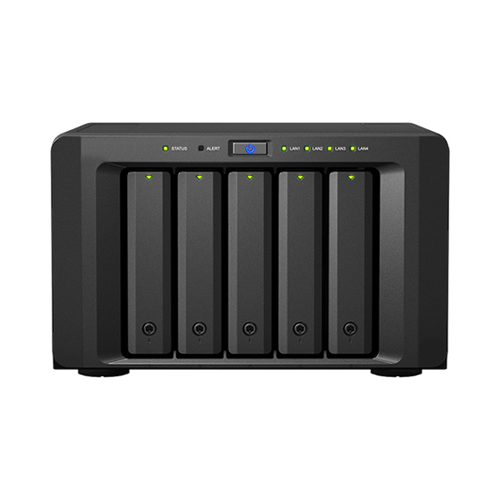 Black network-attached storage (NAS) device with five drive bays, status and alert lights, power button, and network ports.