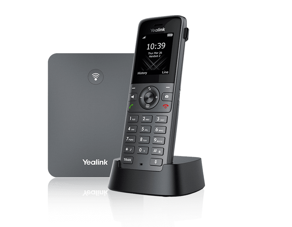 A cordless Yealink landline phone on a charging dock, with a wireless signal icon in the background.
