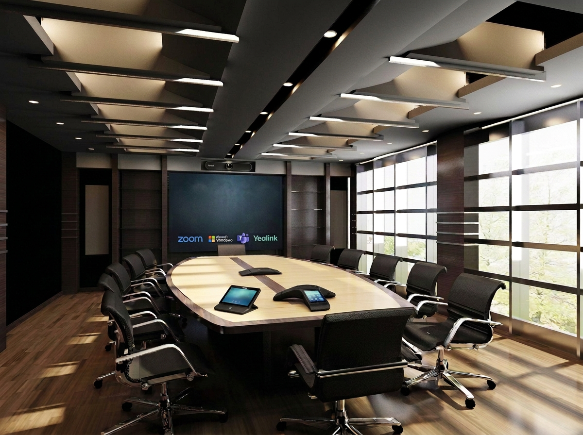 Modern conference room with a large oval table, black office chairs, and a large screen on the wall displaying video conferencing logos for Zoom, Microsoft Teams, and Yealink. The room has wooden floors, large windows with blinds, and a ceiling with artistic acoustic panels.