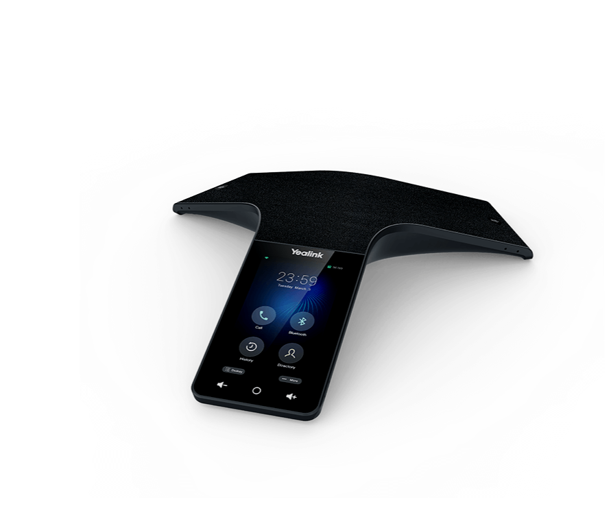 A Yealink video conferencing device with a built-in touchscreen phone and a camera attachment on top.