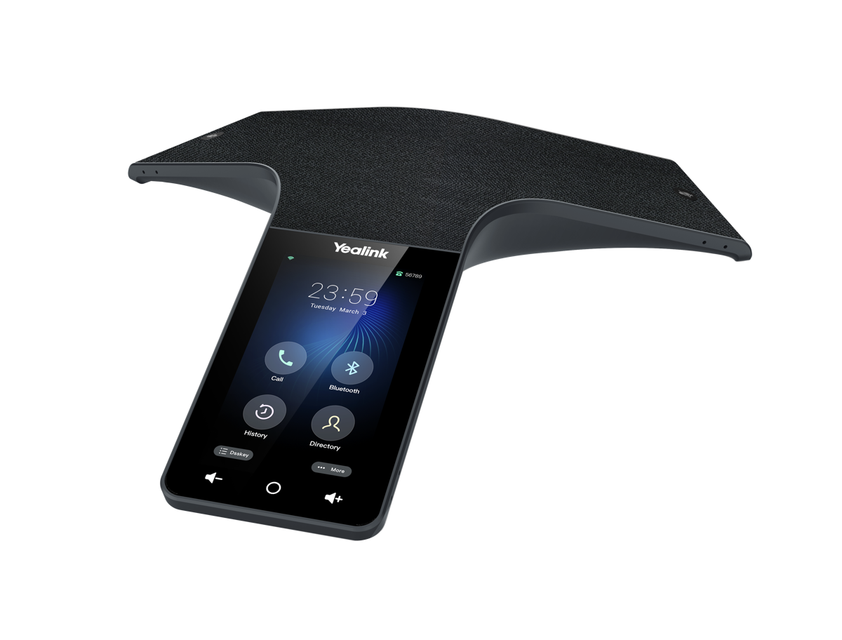 A futuristic conference call device with a touchscreen interface displayed on the front, featuring icons for call, Bluetooth, history, and directory, among others.