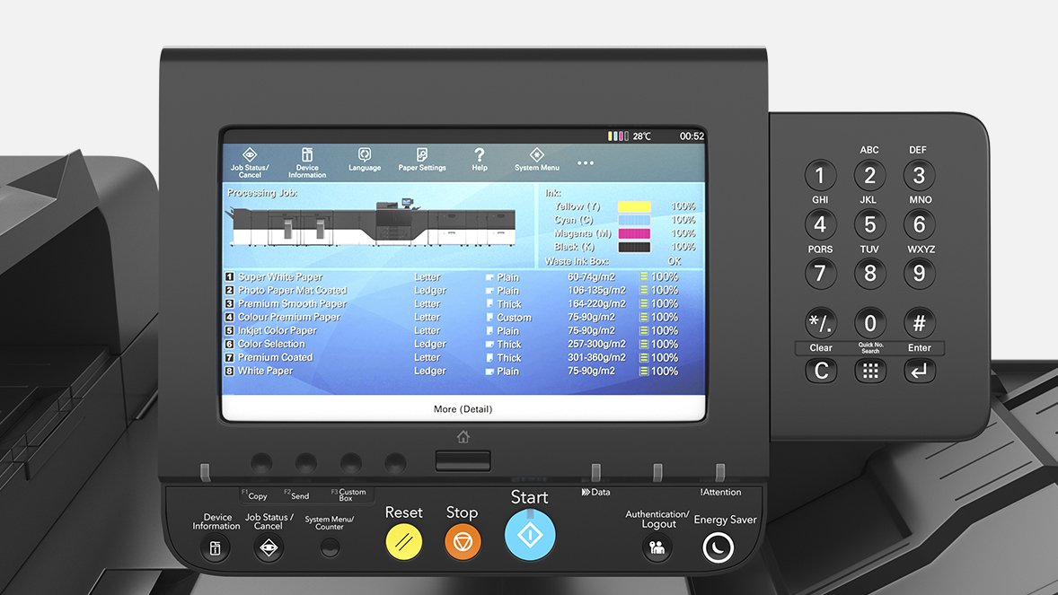 A multifunction printer control panel screen displaying ink status, paper settings, and job progress, with buttons for reset, stop, start, and other functions.