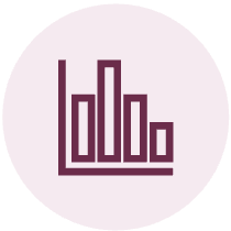 Bar chart with six vertical bars of varying heights in purple on a light gray circular background.