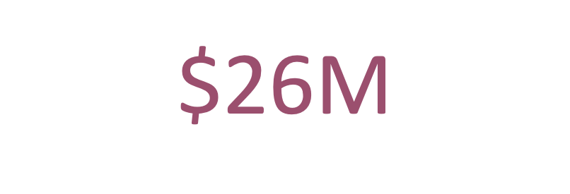 A black computer screen displaying white text showing the number 219 million and the dollar amount 26 million.