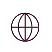 A simple line drawing of a globe with latitude and longitude lines, colored purple on a black background.