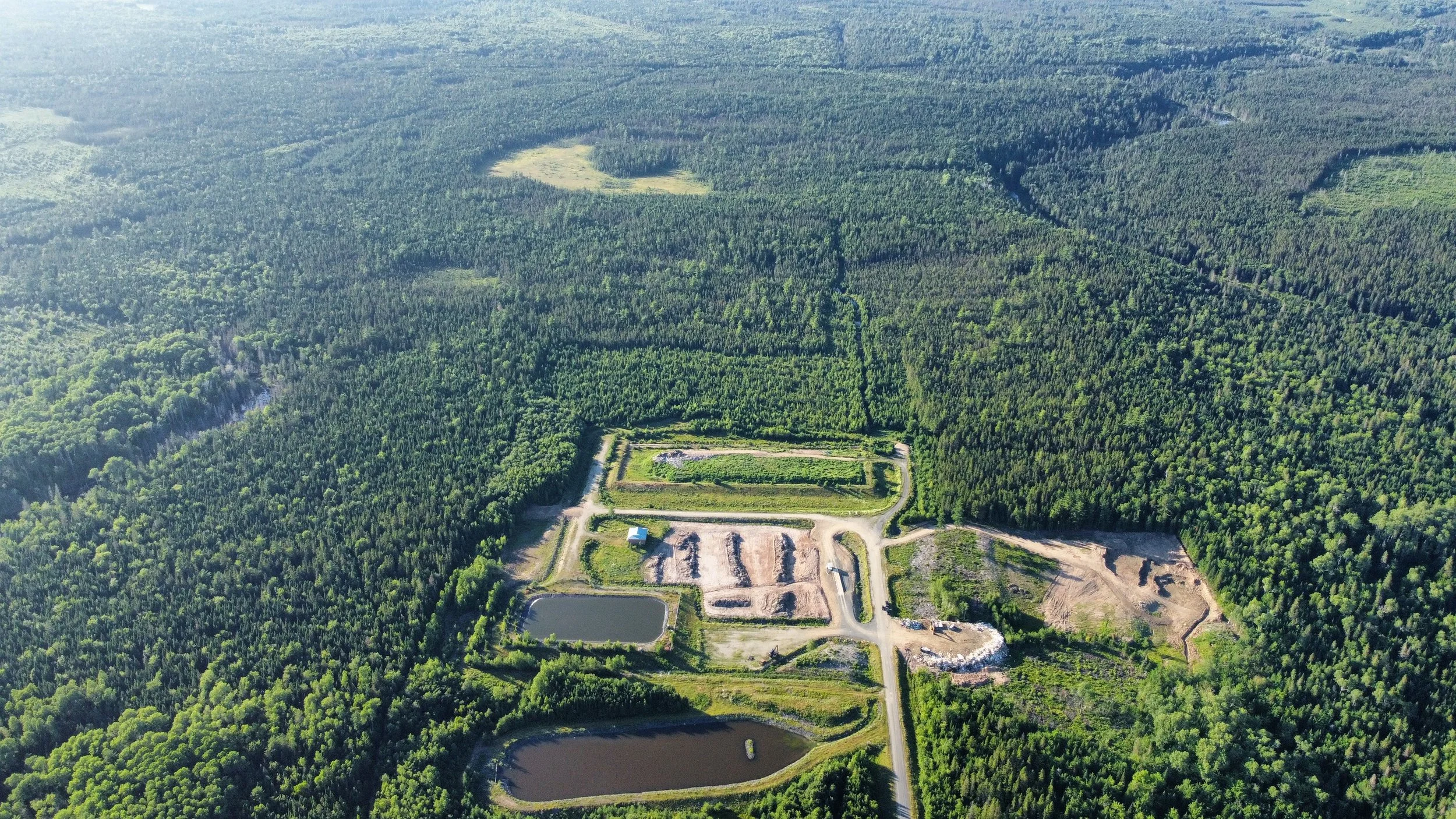 An aerial view of a forested area with a small body of water, dirt roads, and some structures at the edge of the forest.