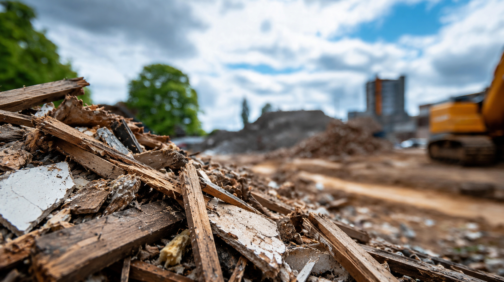 Close-up of wood and debris scattered on a construction site with blurred buildings and blue sky with clouds in the background.