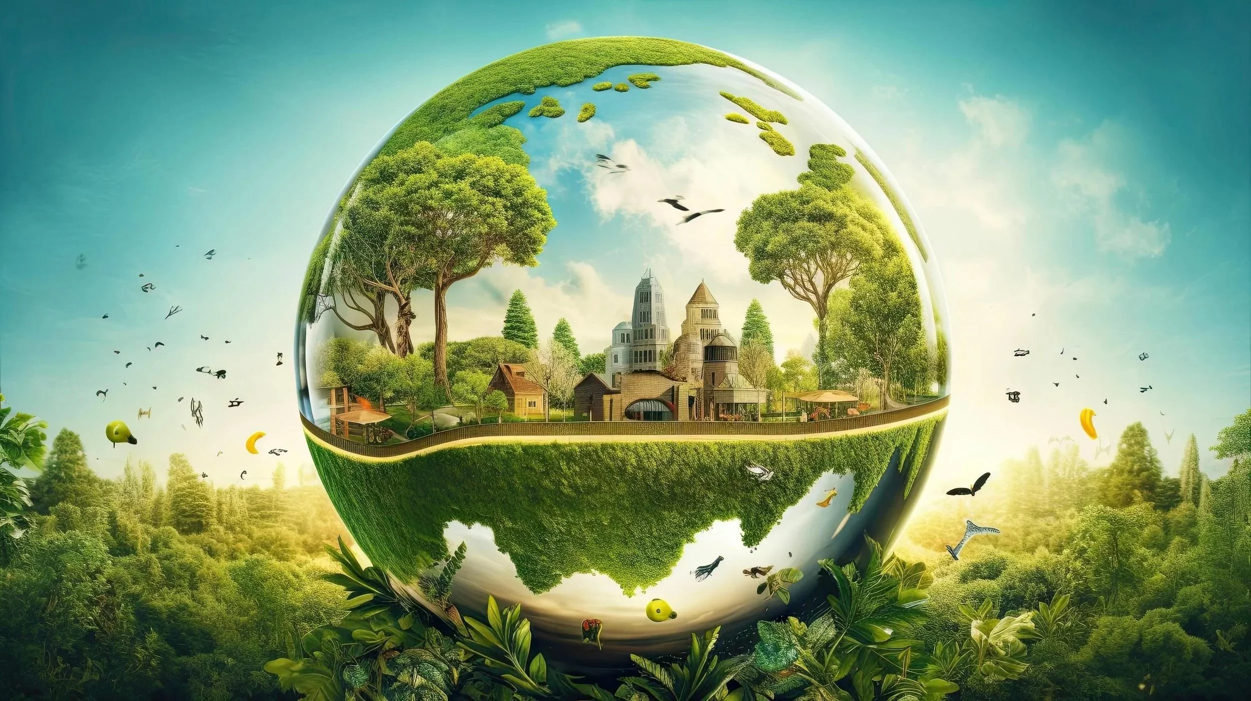 A spherical representation of a lush green landscape with trees, buildings, and flying birds, symbolizing environmental preservation.