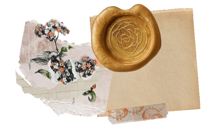 A collection of vintage-style paper with floral illustrations, a blank beige note card, a torn piece of decorative paper, and a gold wax seal with a floral design.