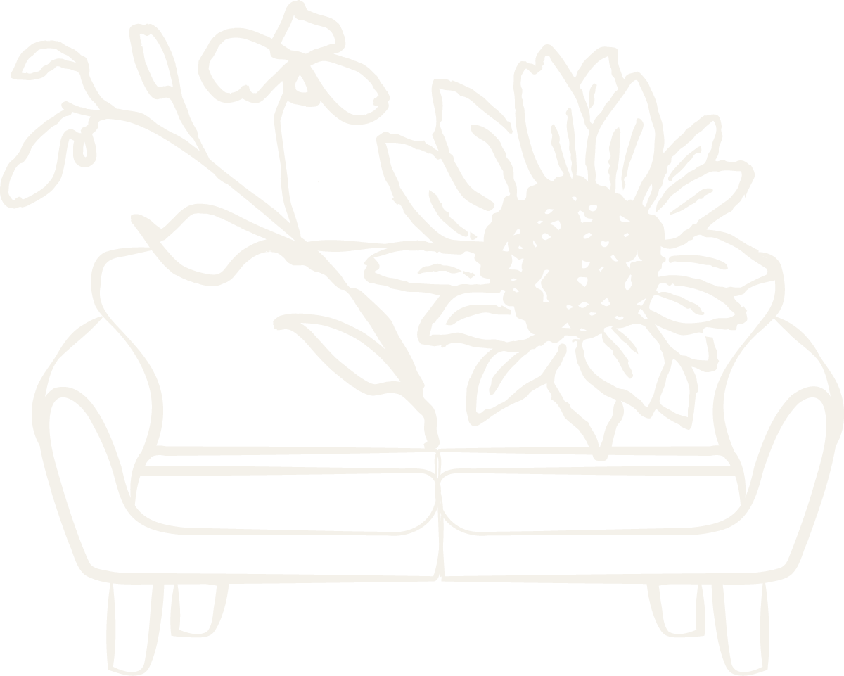 Outline of a sofa with a large sunflower and foliage on it.