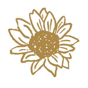 A stylized sunflower with gold outlines and a central seed head